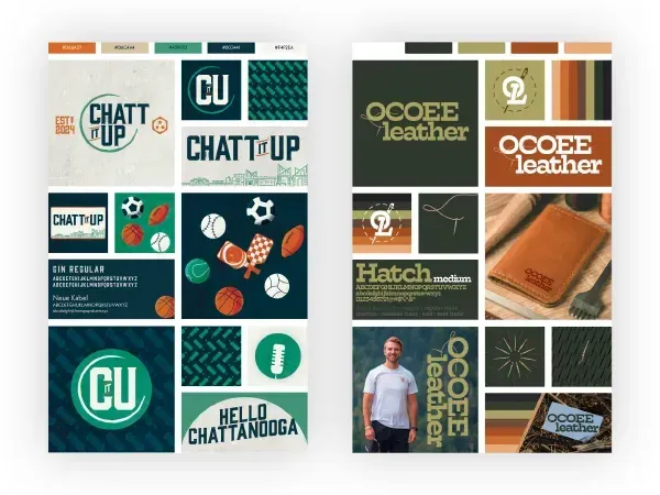 Brand identity boards showing logos, colors and applications for two clients