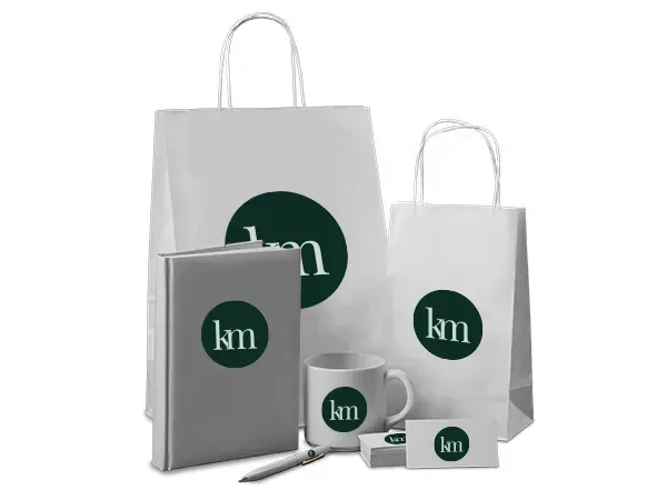 Branded bags, notebooks and drinkware printed with a client logo