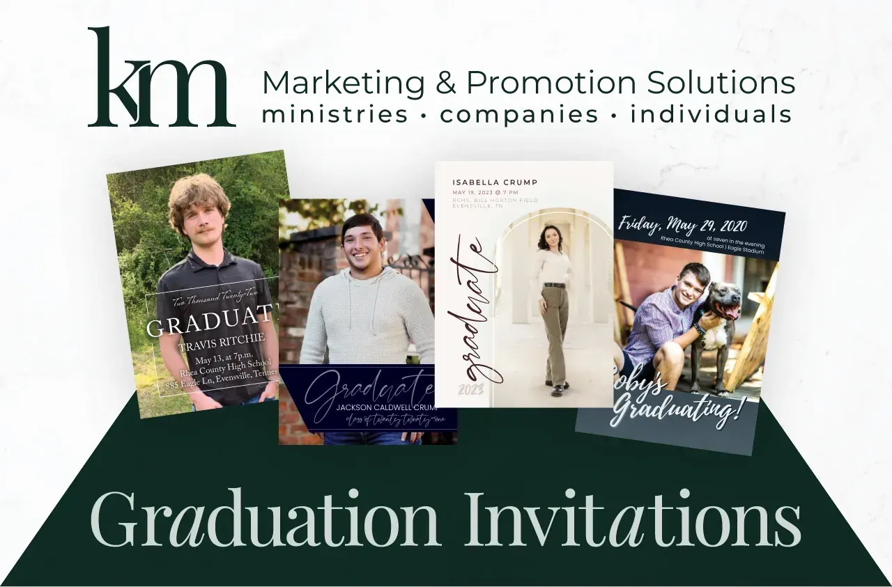 Graduation announcements and invitations displayed on a printed easel card