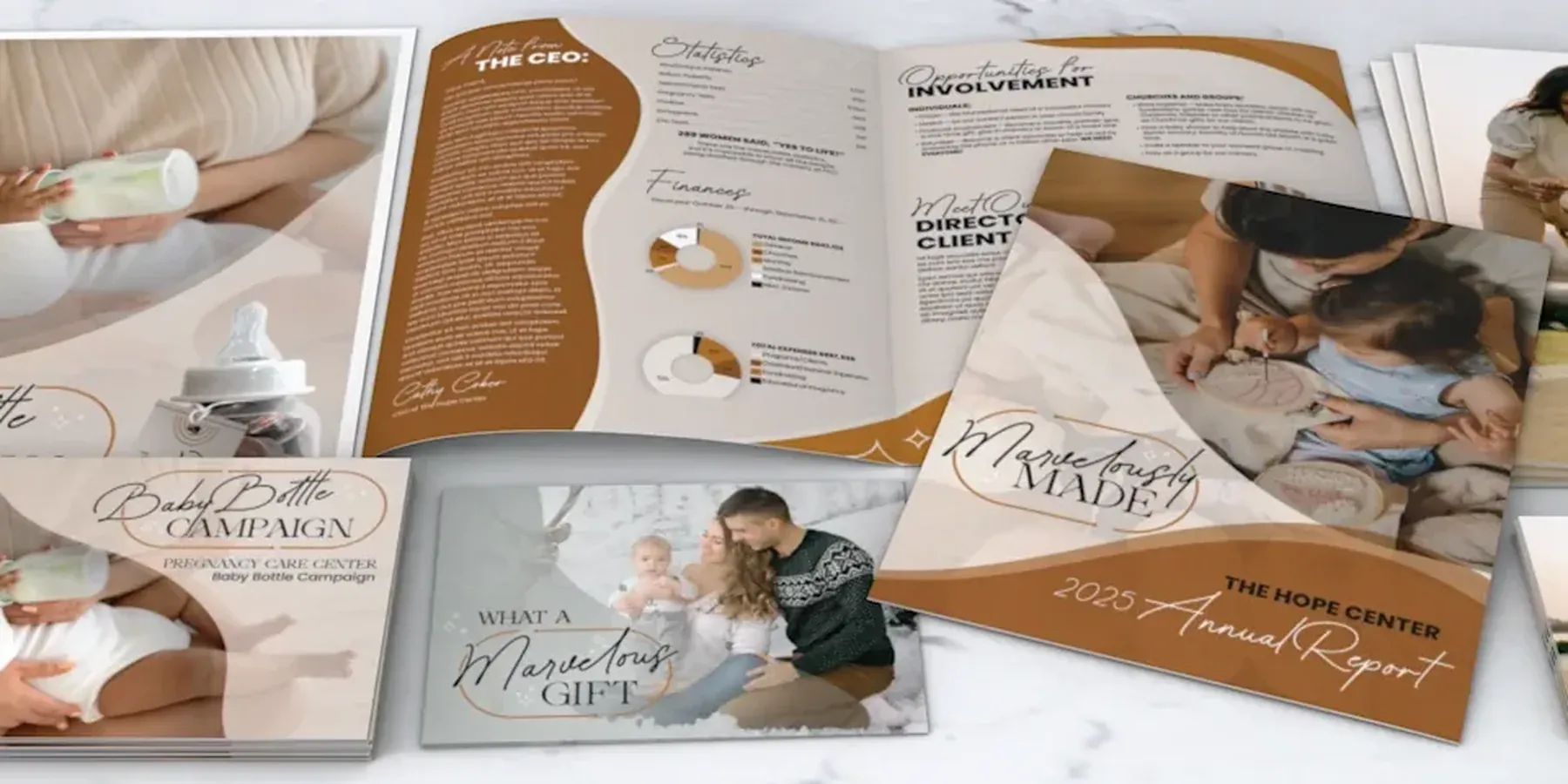 An open pregnancy center annual report next to printed campaign pieces
