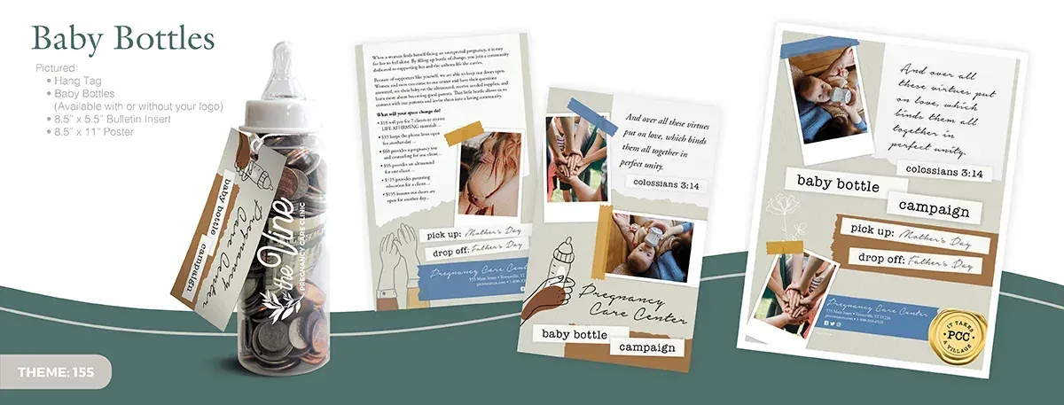 Baby bottle campaign hang tags, bulletin inserts and posters