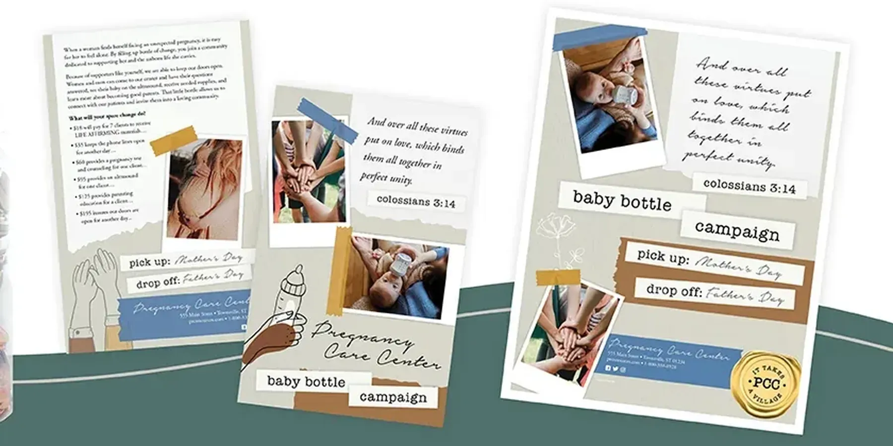 Baby bottle campaign materials for a pregnancy center: hang tags, posters and bulletin inserts