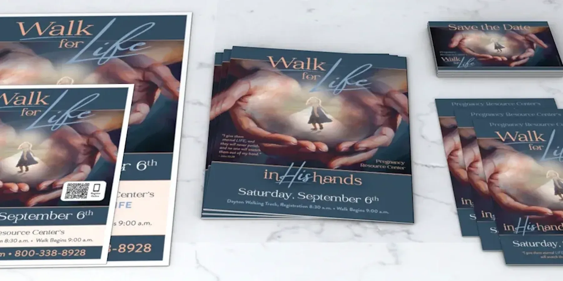 A printed campaign set for a pregnancy center: posters, invitations, response cards and table numbers